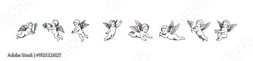 Set of vintage cherub illustrations for romantic holiday design elements decoration