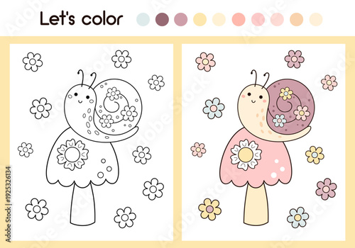Coloring page with cute snail, flowers and mushroom. Spring floral coloring book with colorful sample printable worksheet for preschool, kindergarten kids. Summer season doodle outline.