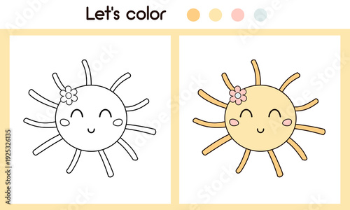 Cute groovy sun coloring page with colorful sample printable worksheet for preschool, kindergarten kids. Cartoon sky object coloring book, Celestial doodle outline.