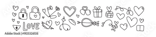 Hand drawn doodle icons set with hearts locks arrows gifts for love and romance