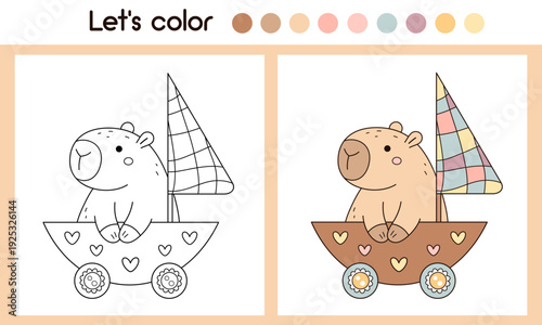 Summer capybara coloring page with colorful sample printable worksheet for preschool, kindergarten kids. Kawaii capybara coloring book, Animal doodle outline.