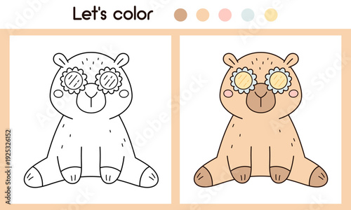 Summer capybara coloring page with colorful sample printable worksheet for preschool, kindergarten kids. Kawaii capybara coloring book, Animal doodle outline.