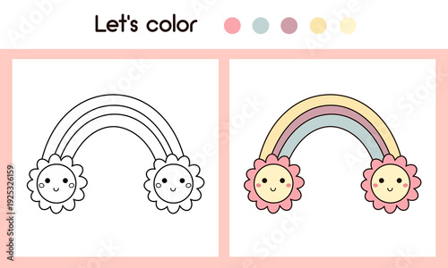 Floral rainbow coloring page with colorful sample printable worksheet for preschool, kindergarten kids. Cartoon sky object coloring book, Celestial doodle outline.