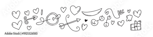 Hand drawn romantic doodles with hearts arrows targets and love symbols for design