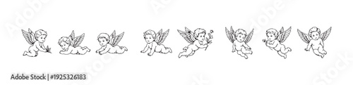 Row of playful chubby cherub illustrations for vintage romantic design elements celebration