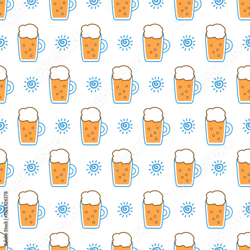 Fun Cold Beer and Sun Doodle Seamless Pattern. Perfect for beer lovers, bar decorations, party invitations, fabric prints, wrapping paper, and fun seasonal projects.