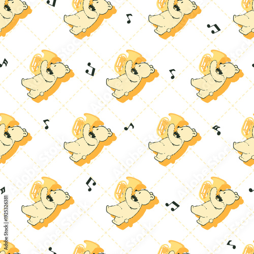Cute Musical Bear Playing Tuba Seamless Pattern. Perfect for fabric prints, kids' apparel, stationery, wrapping paper, and creative projects related to music and bears.