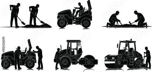 Construction workers silhouettes operating heavy road rollers and asphalt machinery, laborers shoveling and paving, industrial site infrastructure maintenance isolated on white background