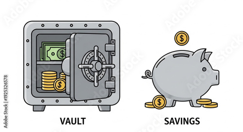 Open vault with money and piggy bank with coins.