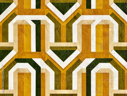 Seamless geometric wood marquetry pattern with yellow, green and white interlocking shapes