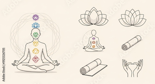 Meditating person with chakras and yoga symbols illustration.