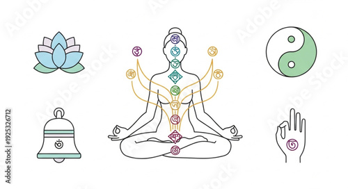 Meditating person with chakras and spiritual symbols.