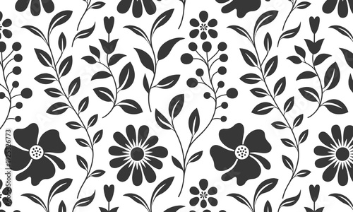 Stylized black flowers, leaves, and berries form a serene, crisp, repeating monochrome botanical pattern for a timeless decorative background.