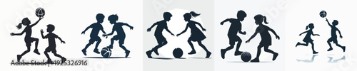 Vector Illustration of Silhouette of Children Playing Basketball
