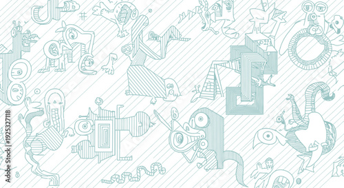 Whimsical hand drawn doodle monsters and creatures on diagonal striped background for children book and nursery decor