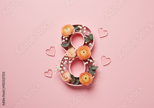 Creative floral number eight with decorative hearts on pastel background