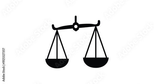 A stark black graphic depicts a traditional scale of justice symbolizing balance and fairness in silhouette high quality
