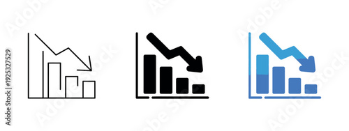 Business Analytics Decline Icon - Professional Bar Chart with Downward Arrow Representing Financial Loss and Decreasing Performance