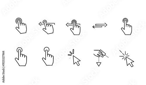 Touchscreen gesture and mouse pointer black white icon set flat vector