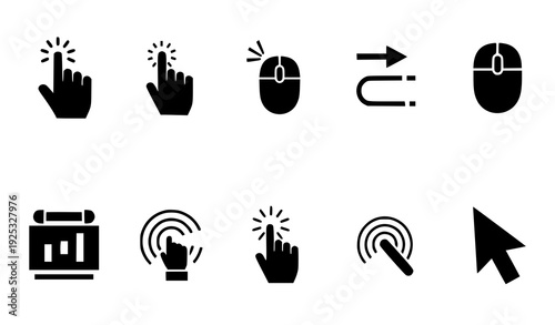 User interaction hand and cursor action icons black white flat vector set