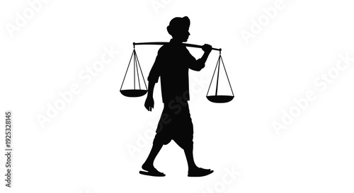 A black silhouette of a man carrying balancing scales on a yoke across his shoulders silhouette high quality