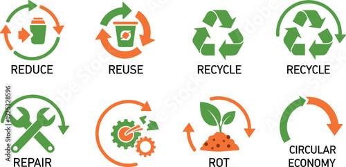 Flat Sustainable Ecology Icon Set with Recycle, Reuse, and Circular Economy, Vector Illustration