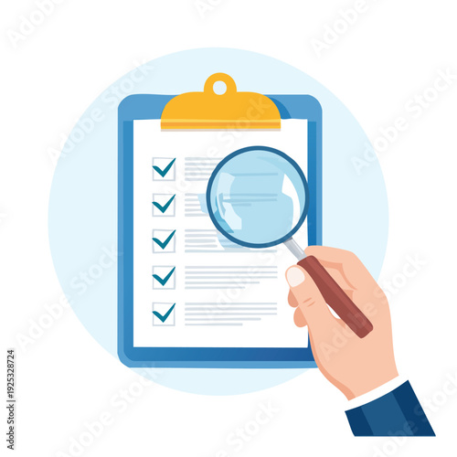 Examining checklist hand holding magnifying glass over clipboard