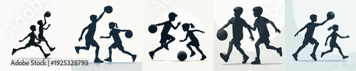 Vector Illustration of Silhouette of Children Playing Basketball