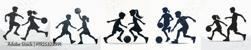 Vector Illustration of Silhouette of Children Playing Basketball