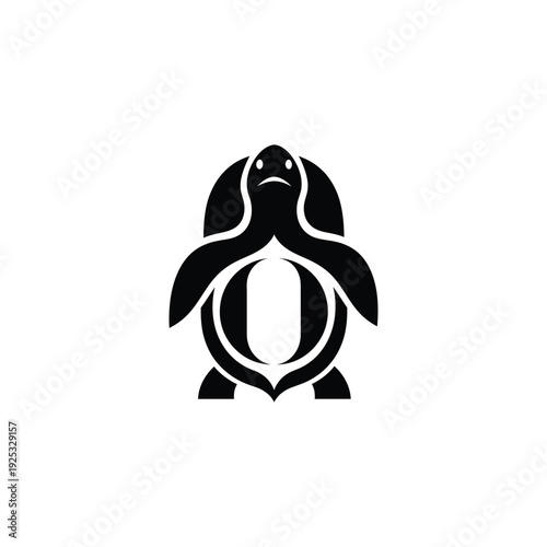 Simple black and white illustration of a turtle viewed from the front, showcasing its flippers and head in a minimalist style