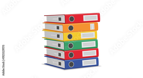 A vertical stack of six colorful office ring binders including red orange yellow green and blue colors isolated on a white background.