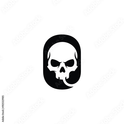 A black and white illustration of a skull with tongue out viewed from front