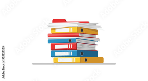 A disorganized pile of yellow red and blue office binders with several white papers protruding from the edges on a plain white background.