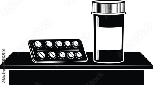 Pharmaceutical Medicine Concept Silhouette Featuring Prescription Pill Bottle and Blister Tablet Pack on Pharmacy Counter for Healthcare and Treatment Design
