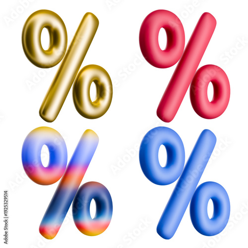 Four percent symbols. Gold  blue  red and gradient hues. Represents discounts income or financial rules.