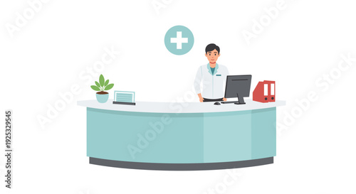 A male medical professional standing behind a light blue reception desk in a clinic with a computer a plant and a red binder on the desk.