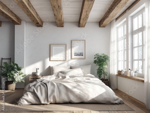 A large bed with a white comforter and a white pillow