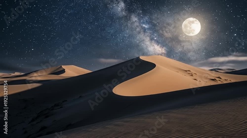 Serene desert landscape under a starry night sky with a glowing full moon illuminating dunes