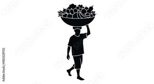 A striking black silhouette depicts a person carrying a large bowl of fruit on their head showcasing african culture silhouette