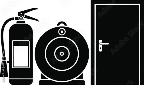 Fire Safety Equipment Silhouette Featuring Portable Fire Extinguisher Industrial Hose Reel and Emergency Exit Door for Building Protection and Prevention Concept