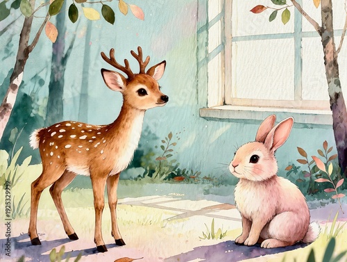Charming watercolor illustration of a deer fawn and rabbit by a cottage window