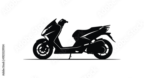 A striking black silhouette of a modern scooter is prominently displayed against a clean white background silhouette
