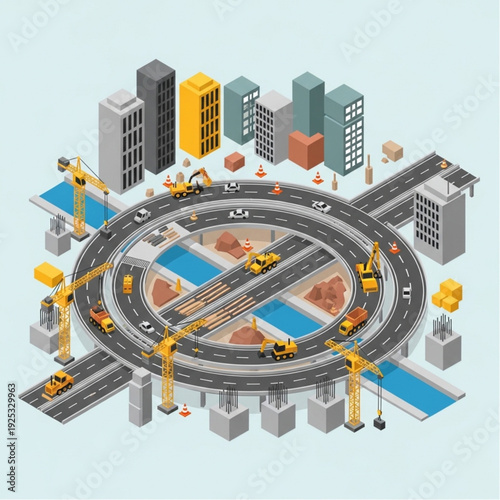 Isometric illustration of a road construction site with cranes and excavators.
