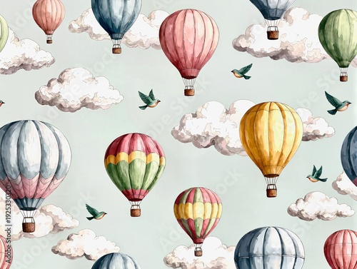 Watercolor pattern with balloons, clouds and birds.