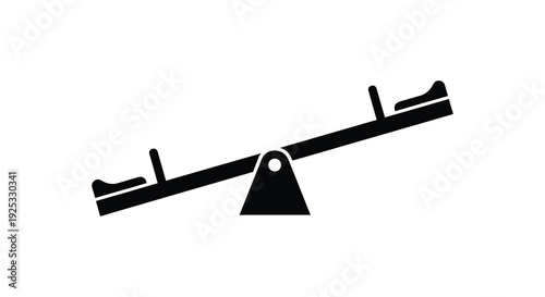 A simple black silhouette of a classic seesaw balanced and poised against a stark white background silhouette