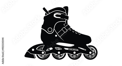 A striking black silhouette depicts a single inline roller skate with visible wheels and buckles silhouette high quality
