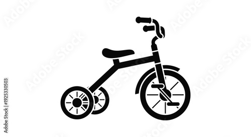 A simple black illustration depicts a tricycle with three wheels a seat and handlebars a minimalist silhouette