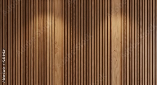 Elegant architectural wood slat wall background featuring narrow vertical timber panels illuminated by soft overhead spotlights for a dramatic interior.