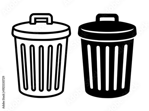 Trash can illustration icon, featuring outline and silhouette design.