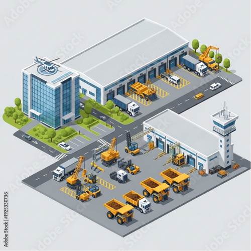 Isometric illustration of an airport with various vehicles and buildings.